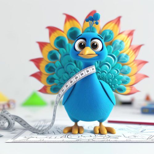 A charming 3D peacock struts its stuff as a talented fashion designer, donning a tape measure around its neck and showcasing an array of vibrant sketches. Perfect for fashion enthusiasts, th